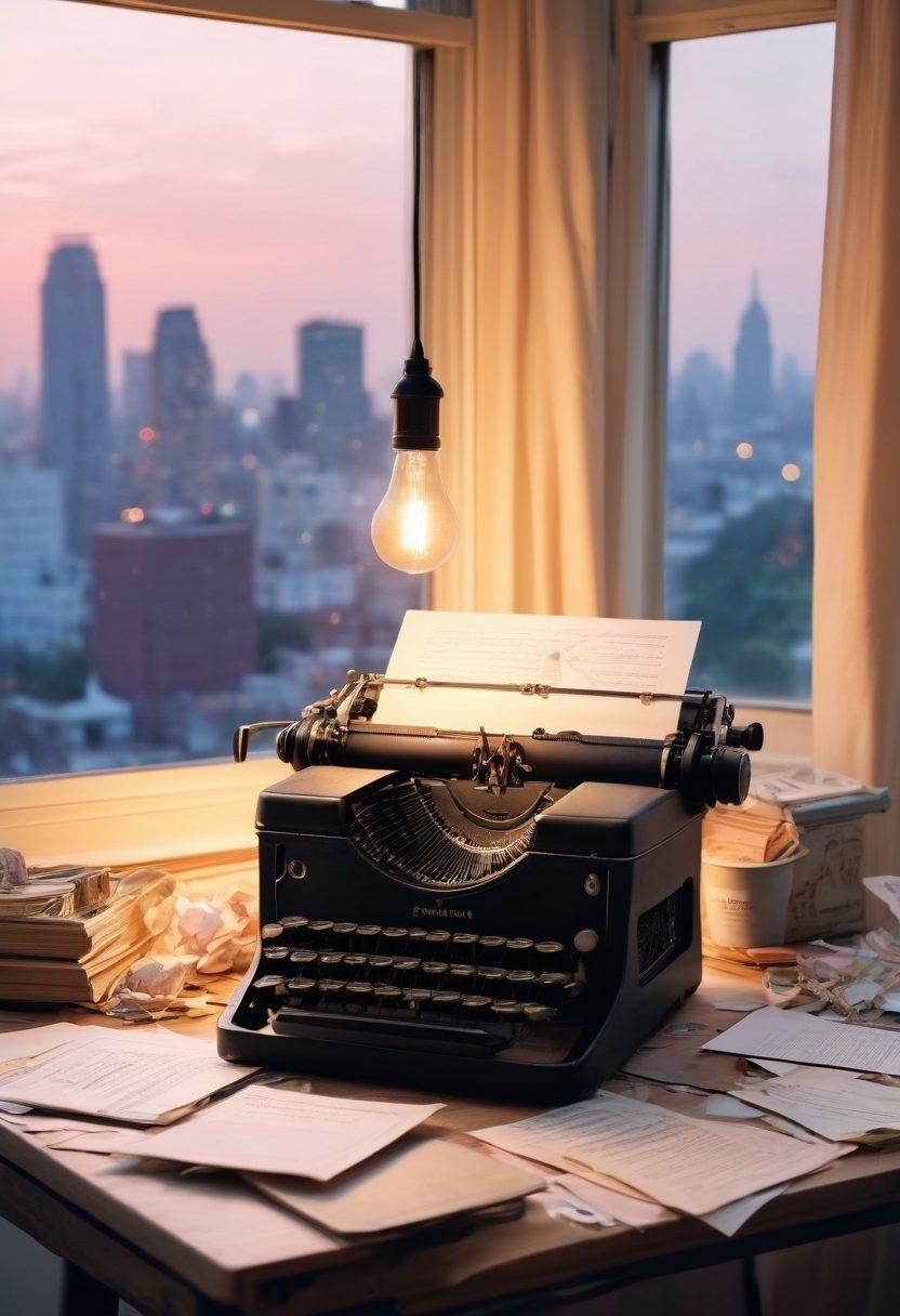 A dreamy workspace featuring a typewriter, scattered notes, and a glowing light bulb symbolizing ideas, with a backdrop of a faded city skyline. The scene conveys inspiration and transformation, capturing the journey from blogging to published content. Soft pastel colors. whimsical style. vintage aesthetic.