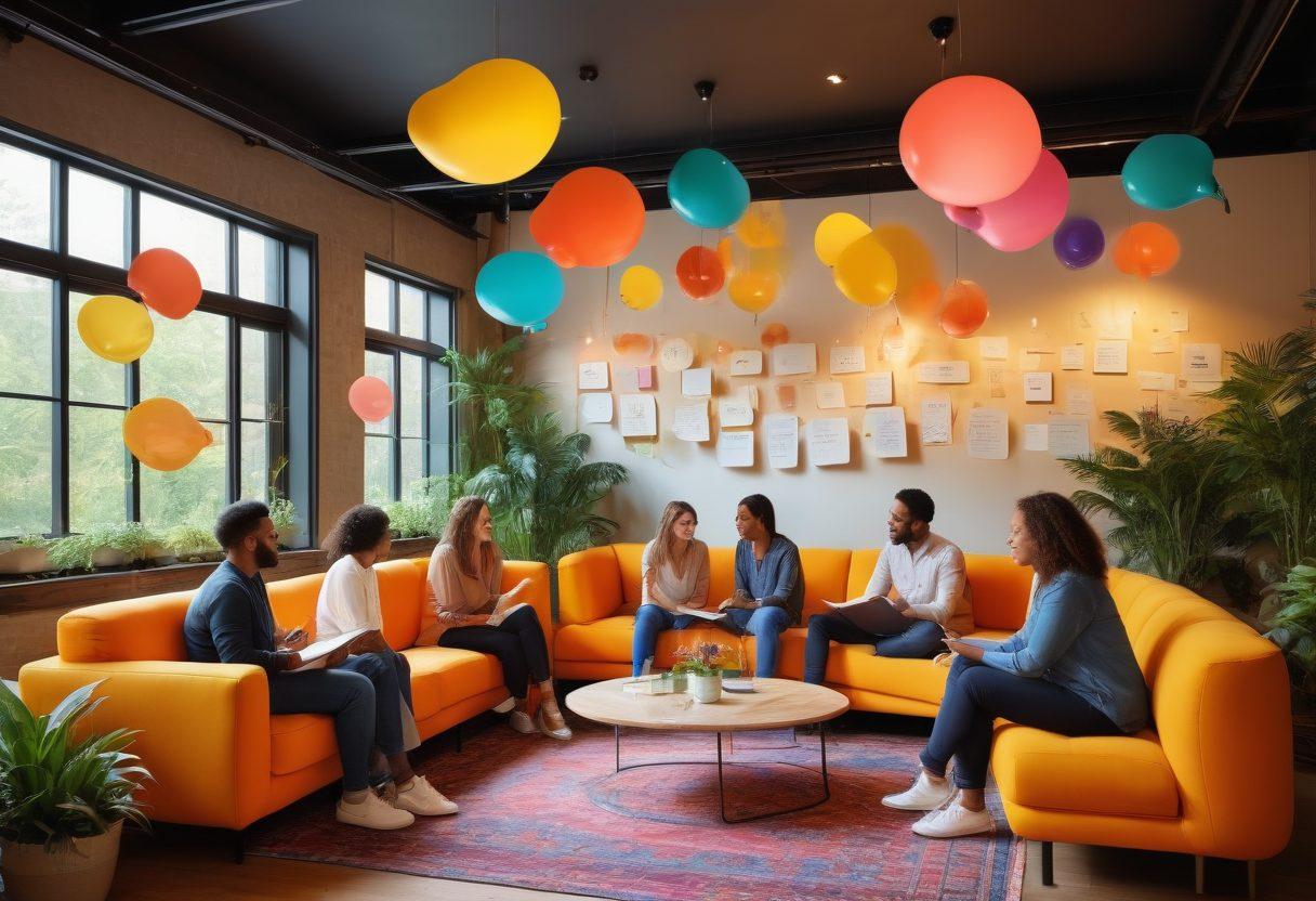 A vibrant gathering of diverse individuals engaged in animated discussion, with colorful speech bubbles depicting various writing and discussion themes. Surrounding them are symbols of creativity like quills, notebooks, and light bulbs, symbolizing ideas sparking to life. The background features a warm, inviting community space filled with plants and cozy seating. super-realistic. vibrant colors. warm background.
