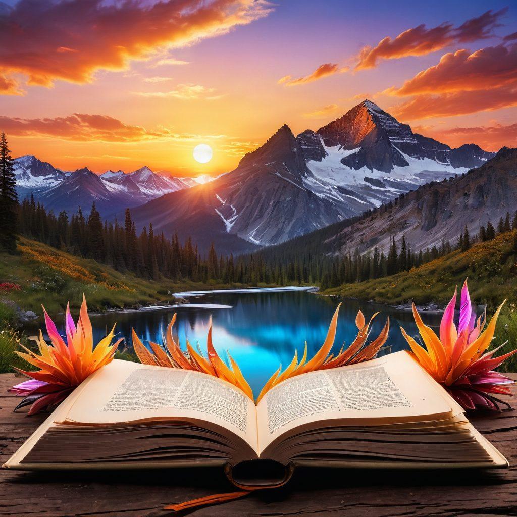 A majestic open book with glowing pages, surrounded by a diverse group of people engaged in animated discussions, symbolizing community and collaboration. The background features a stunning landscape that inspires creativity, like a sunset over a mountain range. Include whimsical writing elements like quills, ink, and thought bubbles as floating visuals above the book. super-realistic. vibrant colors. inspirational atmosphere.